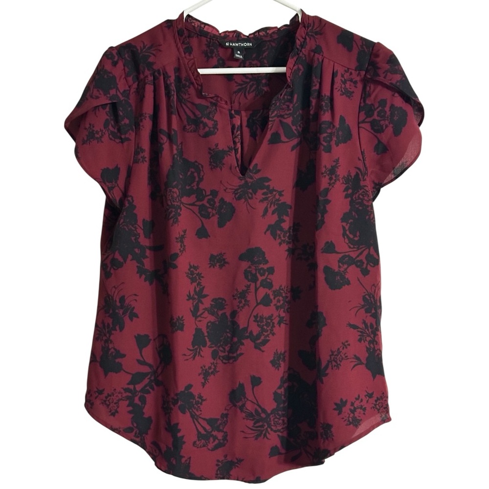 NYDJ Maroon Floral Flutter Sleeve Blouse